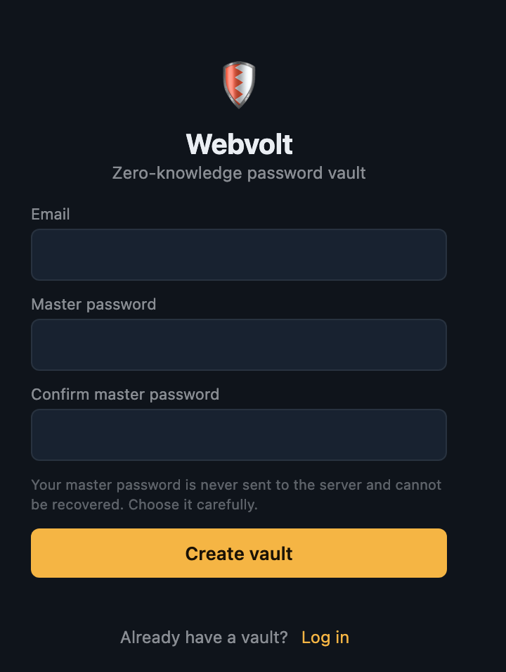 Webvolt registration screen